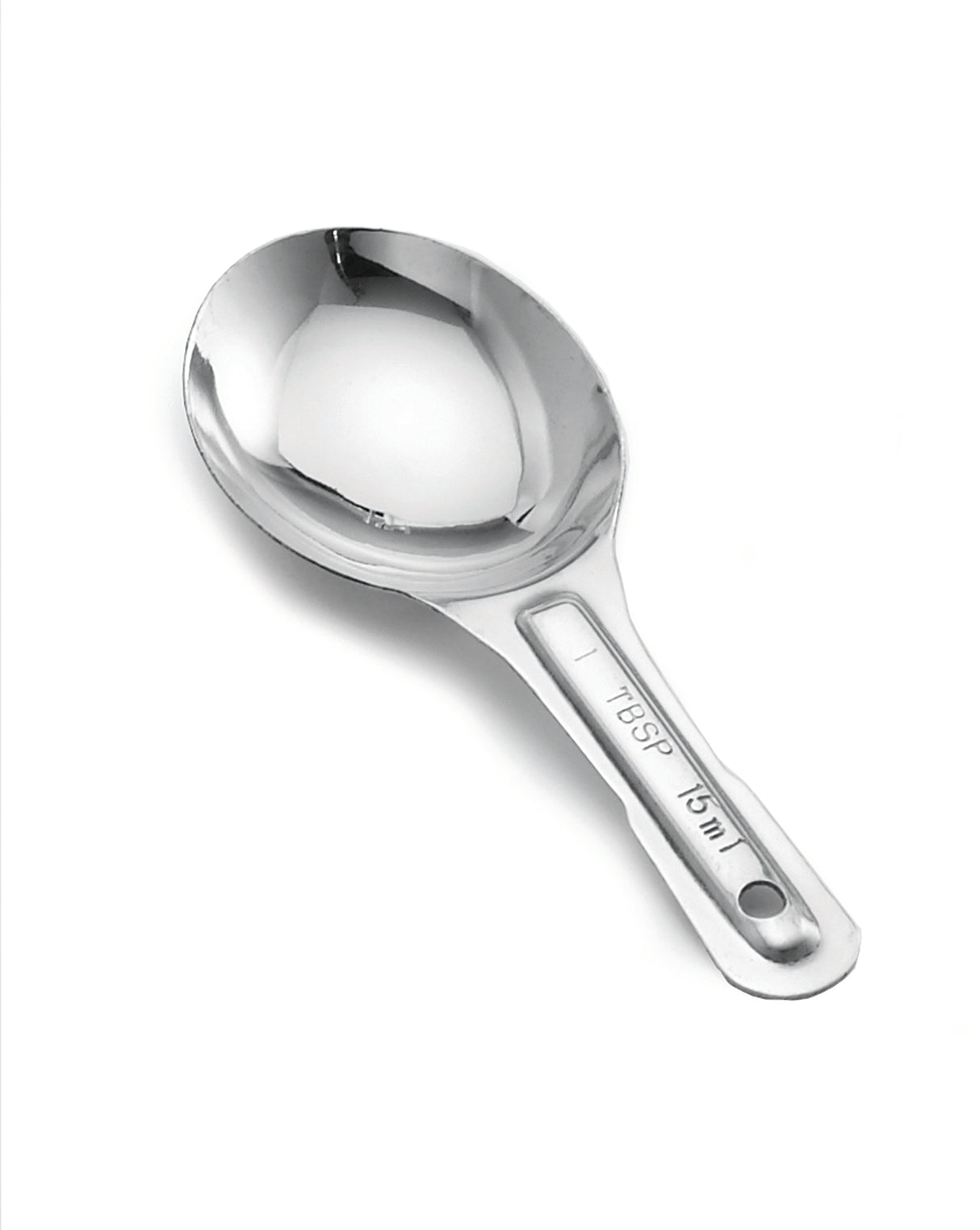 A shiny stainless steel measuring spoon with a short handle is shown on a white background. The handle is stamped with measurement markings: 1 TBSP and 15 mL. A small hole at the end allows for hanging, and it is dishwasher safe.