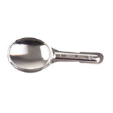 A shiny stainless steel Measuring Spoon is shown on a white background. The spoon has a round, deep bowl and a short handle engraved with 1 TBSP 15 ml, indicating its capacity for measuring ingredients and that it’s dishwasher safe.