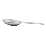 A stainless steel measuring spoon is shown in profile on a white background. The handle is straight and smooth, while the gently curved bowl reflects light. This dishwasher safe utensil features a slightly oval shape for easy scooping.