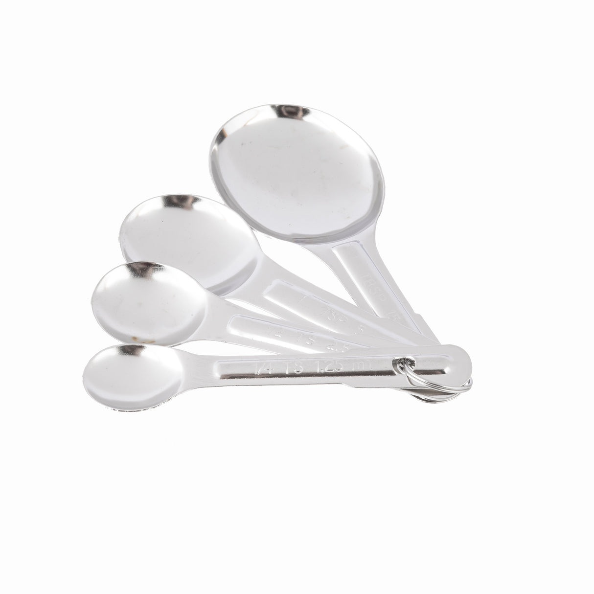 Four white plastic measuring spoons of different sizes are nested together and connected by a metal ring at the handles, making this measuring spoon set both practical and dishwasher safe. Displayed on a white background.