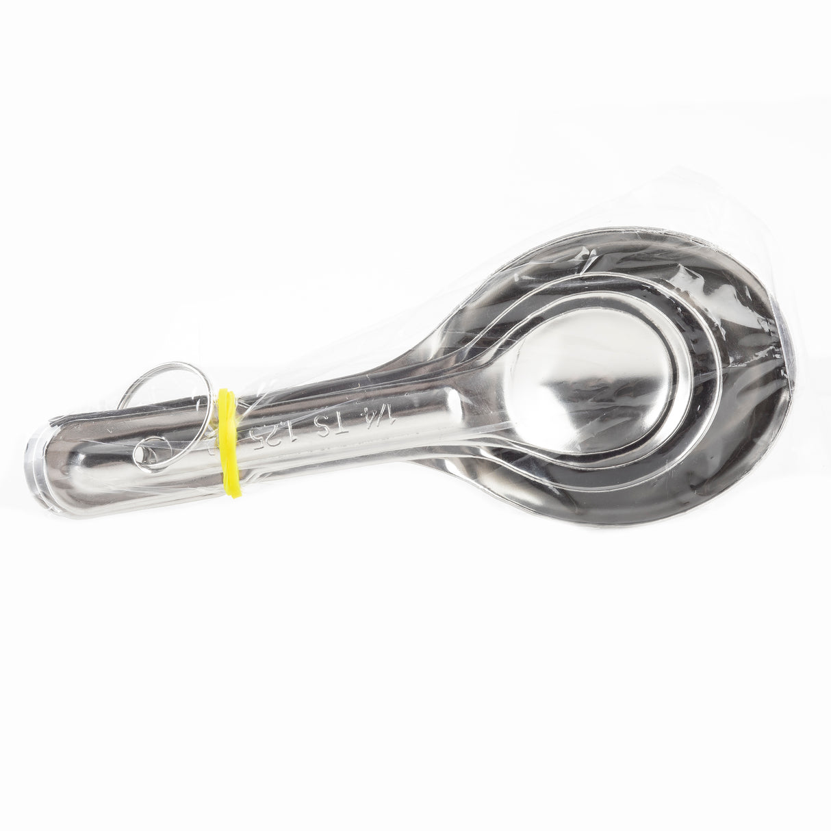 A stainless steel measuring spoon set of three, stacked together and held in a clear plastic sleeve with a yellow rubber band, displayed on a white background. These spoons are also dishwasher safe for easy cleaning.