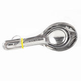 A stainless steel measuring spoon set of three, stacked together and held in a clear plastic sleeve with a yellow rubber band, displayed on a white background. These spoons are also dishwasher safe for easy cleaning.