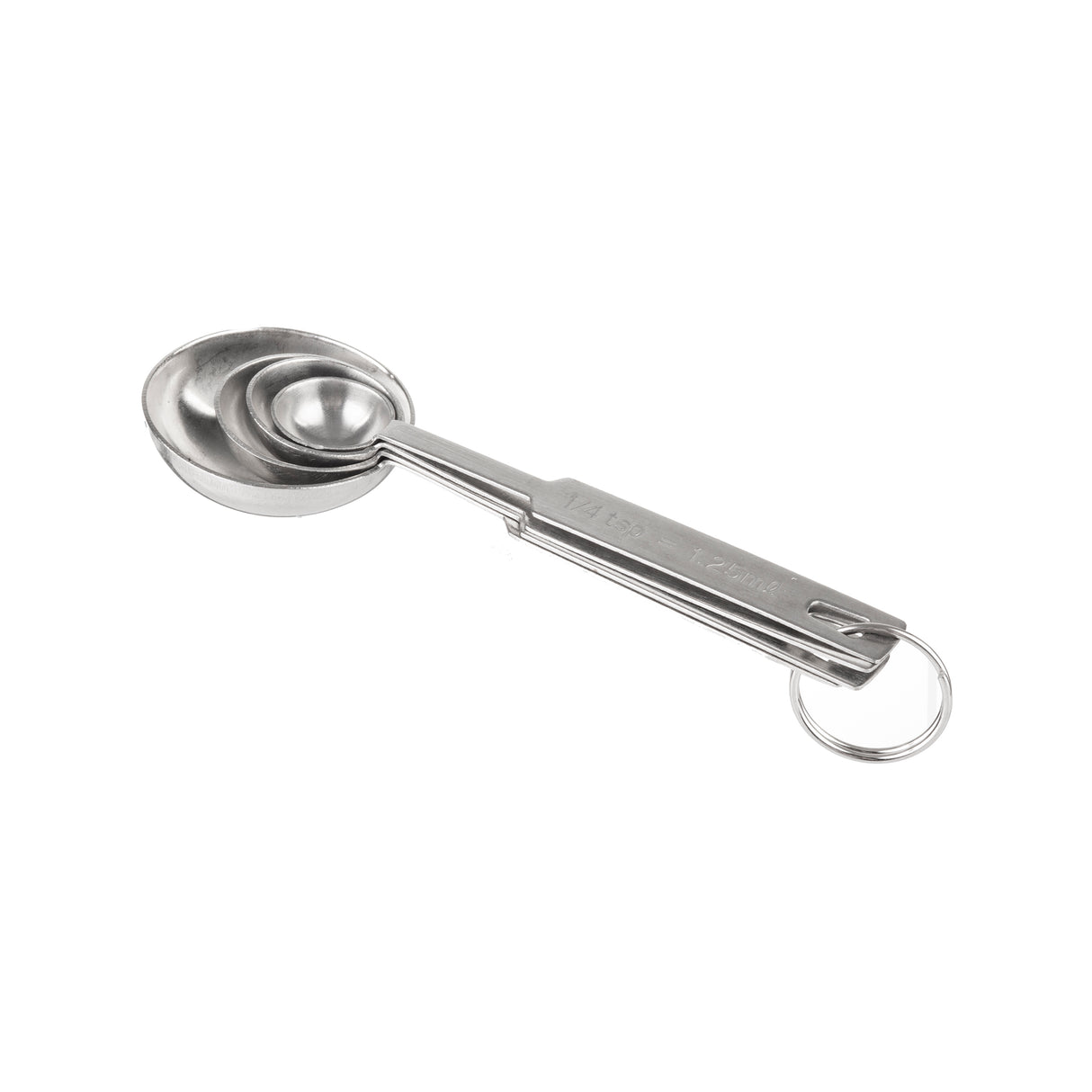 Three shiny stainless steel measuring spoons of different sizes are stacked together on a metal ring. Each measuring spoon features stamped measurement markings on the handle and is dishwasher safe for easy cleaning.