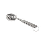 Three shiny stainless steel measuring spoons of different sizes are stacked together on a metal ring. Each measuring spoon features stamped measurement markings on the handle and is dishwasher safe for easy cleaning.