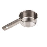 A stainless steel 1/4 cup Measuring Cup is shown on a white background. The flat handle features measurement lines and numbers, while the cup itself has a smooth, polished finish and a small spout for easy pouring.