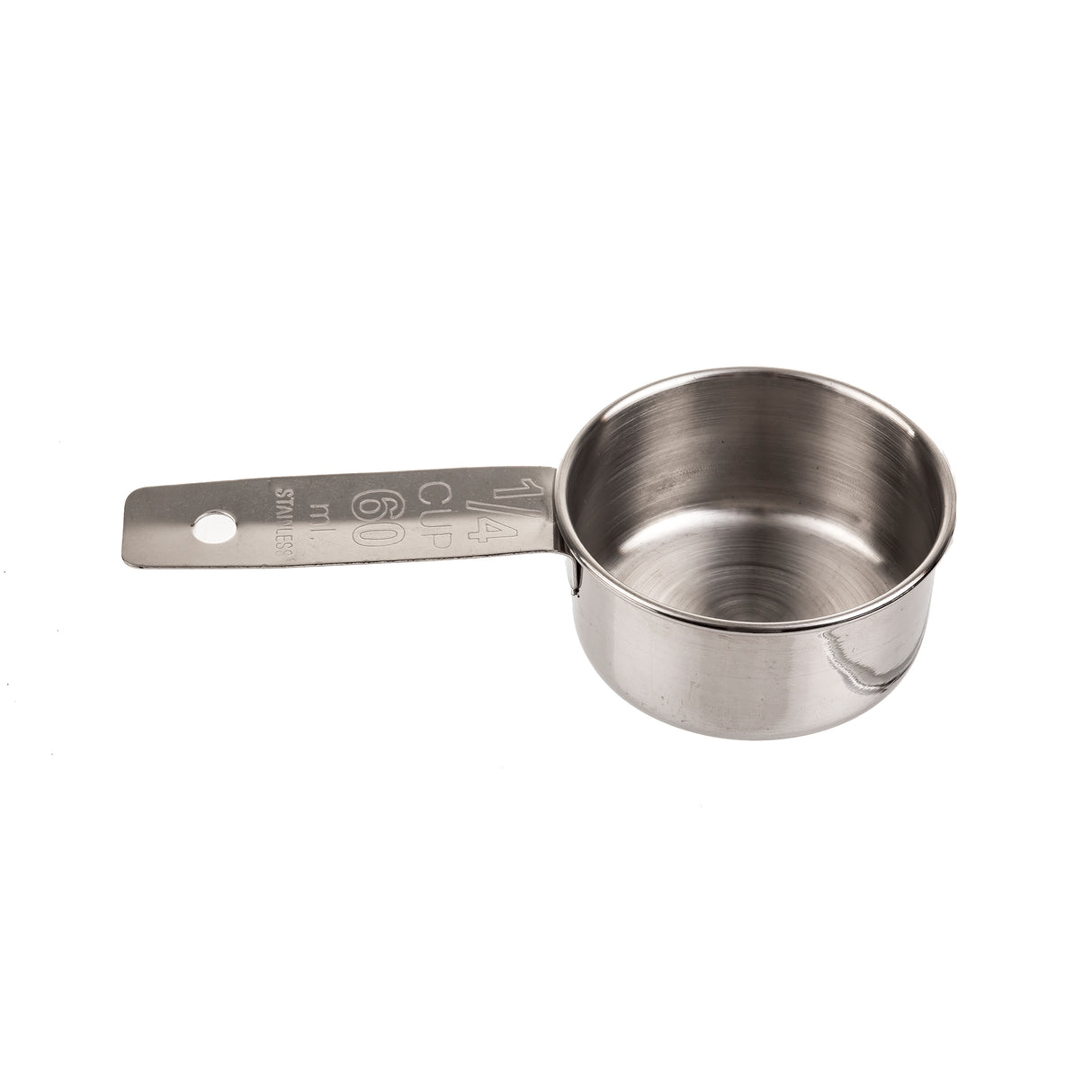 A stainless steel Measuring Cup labeled 1/4 cup, 60 ml is shown on a white background. The cup features a flat handle with etched measurement markings and a small hole at the end for hanging.