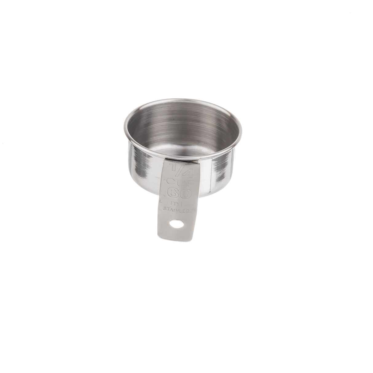A stainless steel 1/4 cup Measuring Cup with a flat handle and clear markings. The clean, empty cup rests on a plain white background, featuring a small hole in the handle for easy hanging.
