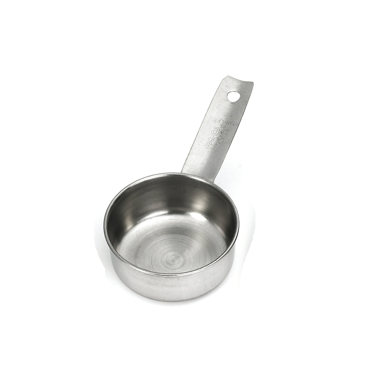 This stainless steel Measuring Cup features a flat bottom, straight sides, and a long handle with engraved measurement markings. Dishwasher safe, it has a hole for hanging and is shown empty on a white background.
