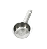 This stainless steel Measuring Cup features a flat bottom, straight sides, and a long handle with engraved measurement markings. Dishwasher safe, it has a hole for hanging and is shown empty on a white background.