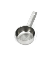 This stainless steel Measuring Cup features a flat bottom, straight sides, and a long handle with engraved measurement markings. Dishwasher safe, it has a hole for hanging and is shown empty on a white background.