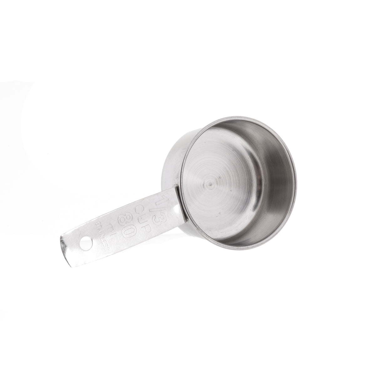 A stainless steel 1/3 cup Measuring Cup with a flat handle is shown on a white background. The measurement marking “1/3 cup” and metric units are engraved, and the cup is dishwasher safe. The handle has a hole at the end for hanging.