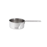 A stainless steel measuring cup with a flat, straight handle is shown on a white background. The smooth, shiny Measuring Cup is empty, and its handle extends to the right with a small hole for hanging. It’s also dishwasher safe.