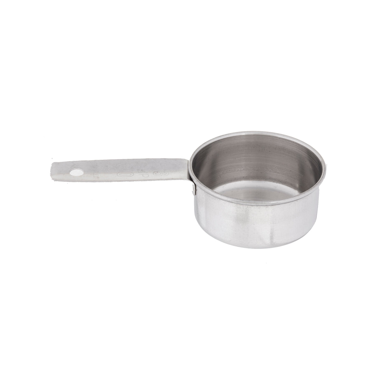 A small, round, stainless steel saucepan with a long handle and a hole at the end for hanging. The empty pan resembles a large measuring cup and is shown against a plain white background.