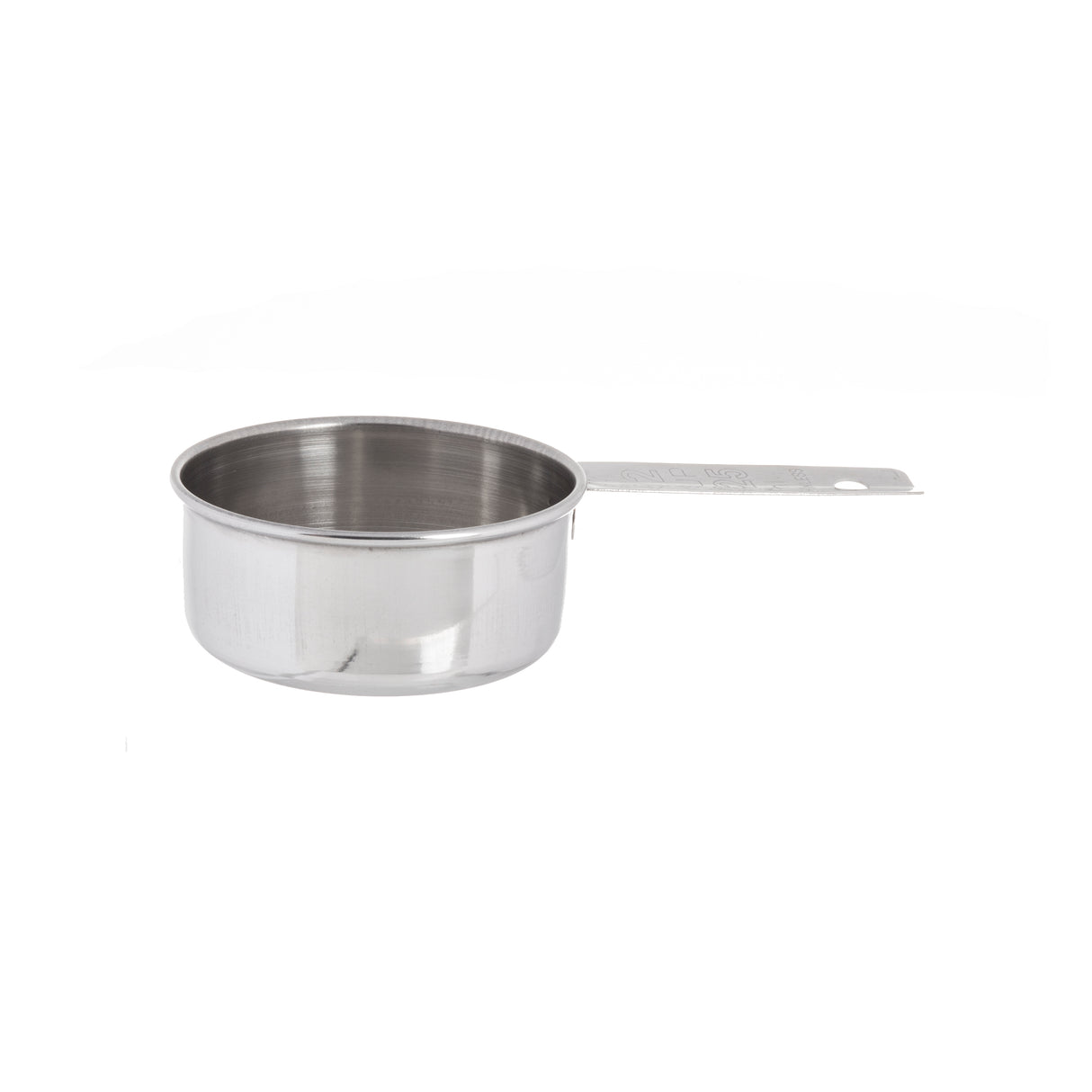 A dishwasher safe stainless steel measuring cup with a flat, elongated handle and a round, deep bowl. The empty cup rests against a plain white background, its handle extending to the right.