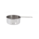 A dishwasher safe stainless steel measuring cup with a flat, elongated handle and a round, deep bowl. The empty cup rests against a plain white background, its handle extending to the right.