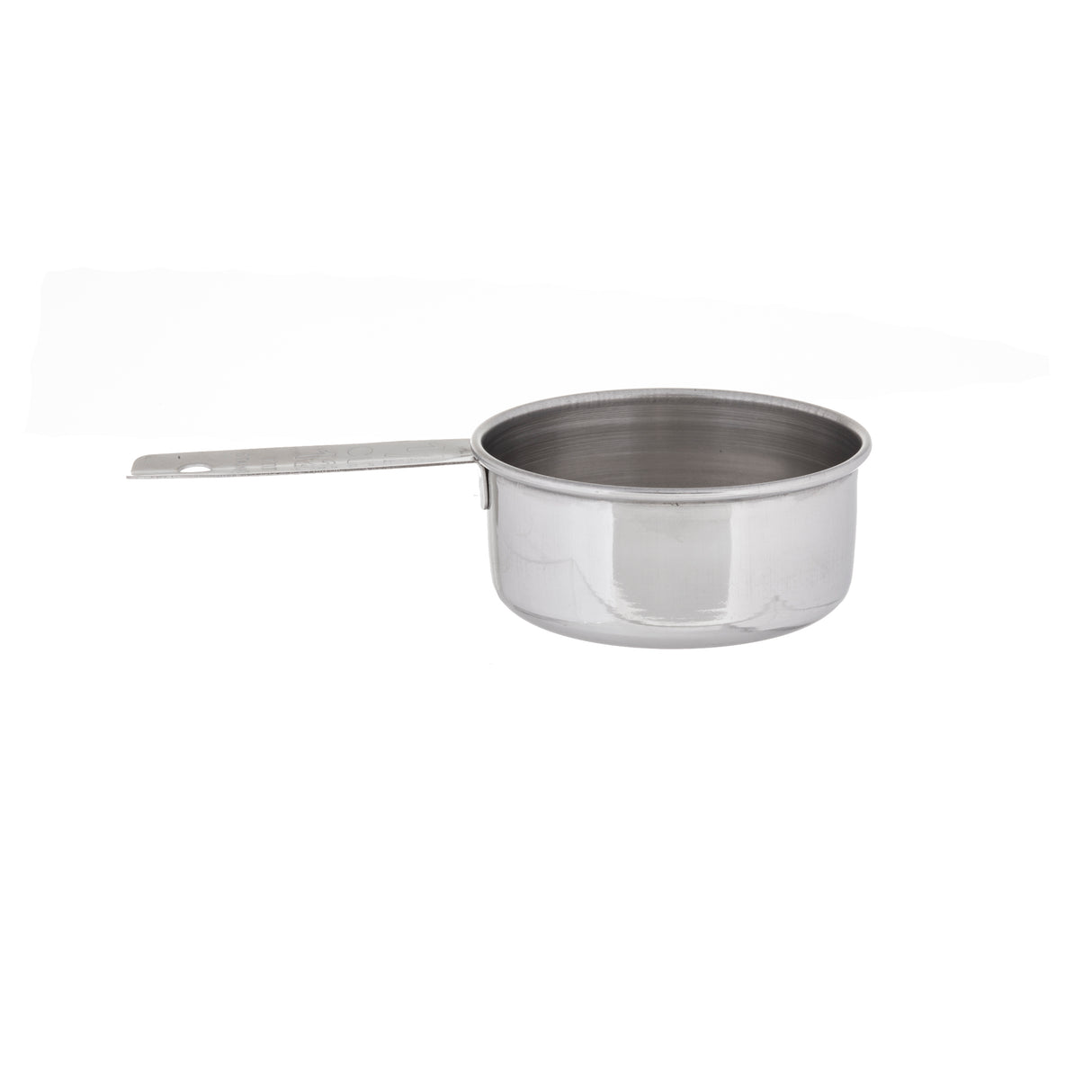 A shiny, stainless steel saucepan with a flat bottom and straight sides is shown on a white background. Its long, flat handle has a hole for hanging, and the pan is dishwasher safe for easy cleaning. The pan is empty.