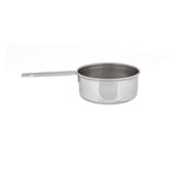 A shiny, stainless steel saucepan with a flat bottom and straight sides is shown on a white background. Its long, flat handle has a hole for hanging, and the pan is dishwasher safe for easy cleaning. The pan is empty.