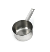 A stainless steel measuring cup with a long handle and a small hole at the end. The cup is dishwasher safe, features a smooth, shiny finish, and has embossed measurement marks visible on the side. The image is set against a white background.