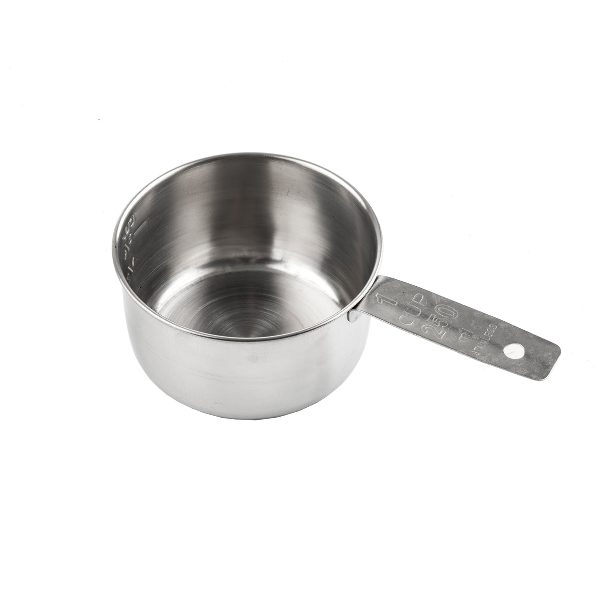 A dishwasher safe stainless steel measuring cup with a flat handle, marked “1 CUP” and “250 ml.” The empty cup rests on a plain white background, angled to reveal the inside and the measurement markings on the handle.