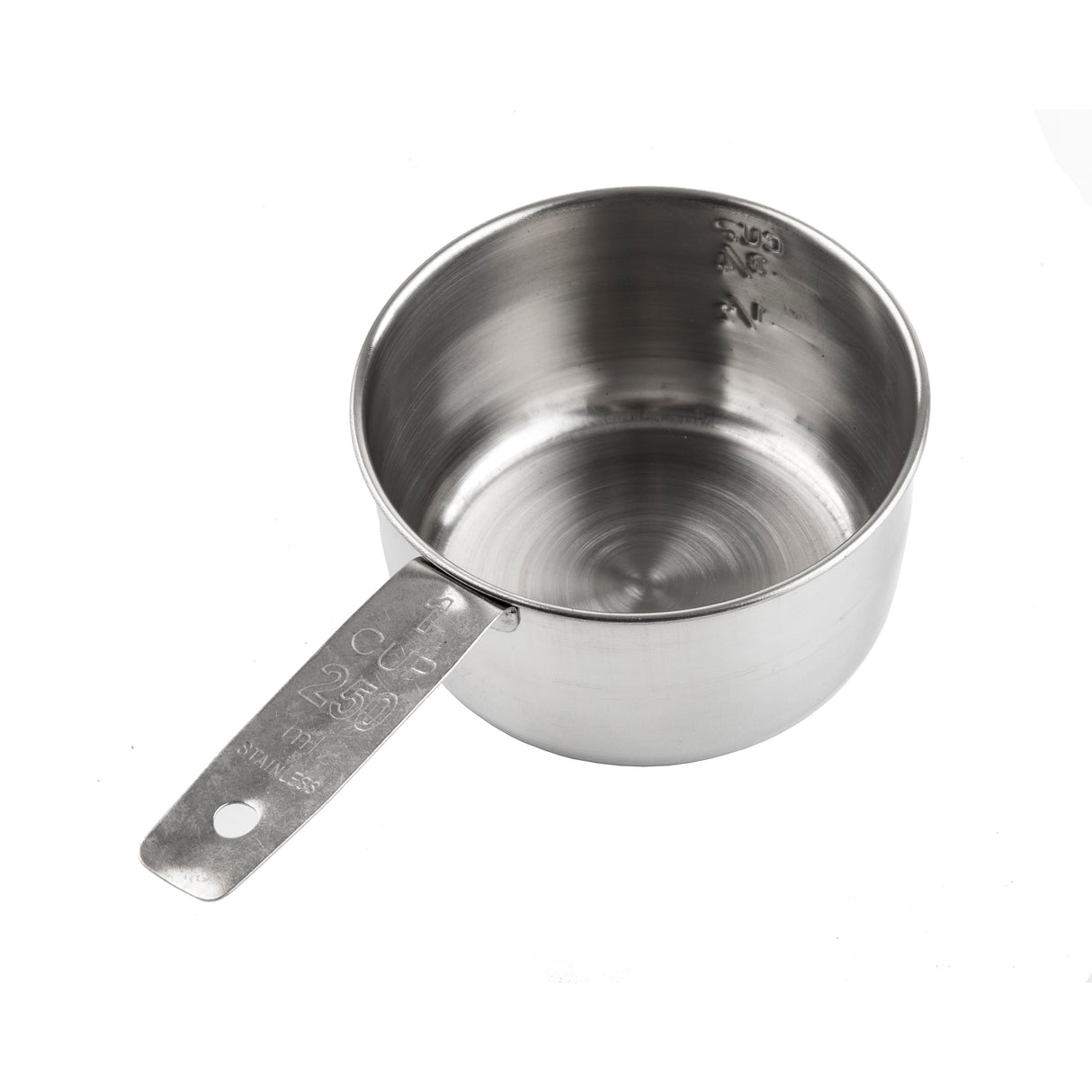 A dishwasher safe stainless steel measuring cup with a flat handle, engraved measurement markings, and a reflective interior. The empty cup is set against a plain white background, featuring a small hole at the end of the handle for hanging.