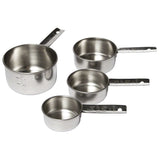 This set of four stainless steel measuring cups includes 1 cup, 1/2 cup, 1/3 cup, and 1/4 cup sizes, each with flat handles and stamped measurement markings. These durable measuring cups are dishwasher safe for easy cleaning.
