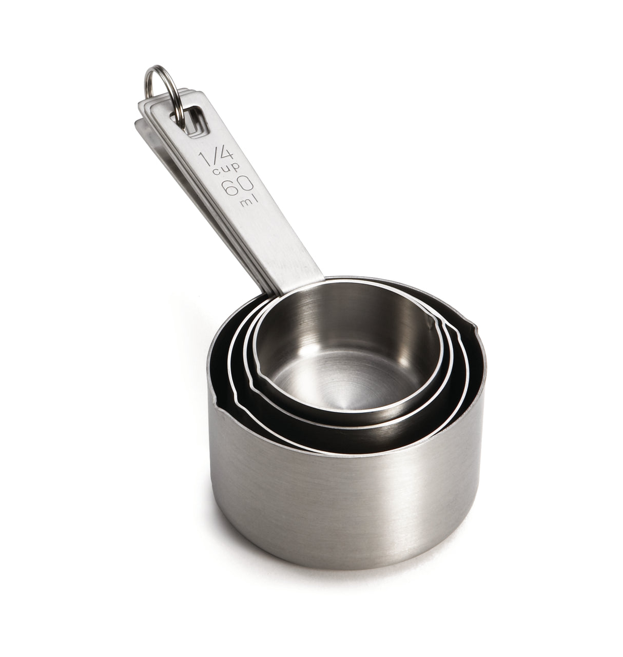 A set of four shiny stainless steel measuring cups with a metal ring holding them together. Dishwasher safe, smooth, and arranged from smallest to largest, the top cup is labeled 1/4 cup 60 ml and placed on a white background.