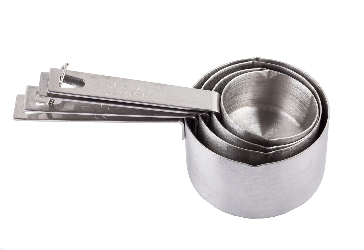 A set of four stainless steel measuring cups, nested from largest to smallest with flat handles. These dishwasher safe cups are stacked and linked by a metal ring through each handle’s hole, isolated on a white background.