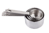 A set of four stainless steel measuring cups, nested from largest to smallest with flat handles. These dishwasher safe cups are stacked and linked by a metal ring through each handle’s hole, isolated on a white background.