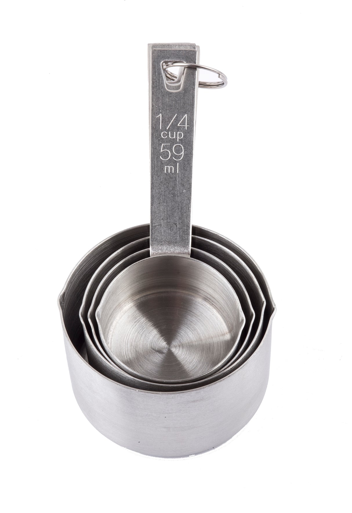 Four stainless steel measuring cups are nested together on a white background. The top cup is labeled 1/4 cup 59 ml on the handle. A metal ring holds the dishwasher safe set together through holes in each handle.
