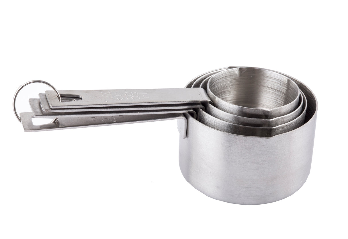 A set of four stainless steel measuring cups, nested together and attached by a metal ring through their handles. These silver-colored cups vary in size and are dishwasher safe for easy cleanup.