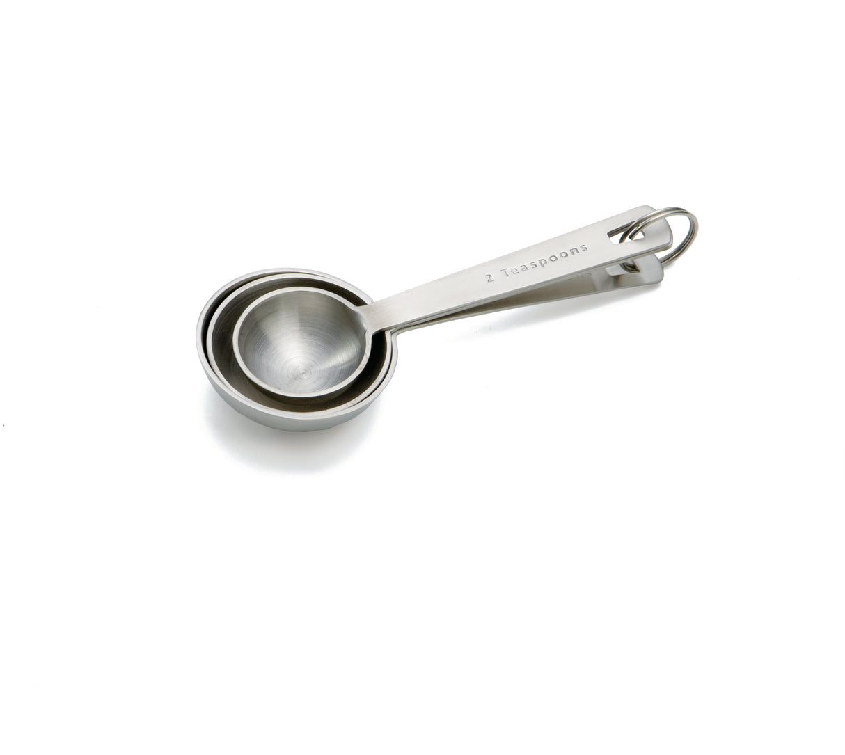 Three stainless steel measuring spoons, nested together and held by a metal ring. The top spoon is labeled 2 teaspoons. This dishwasher safe measuring spoon set has a sleek, shiny finish and is positioned on a white background with soft shadows.