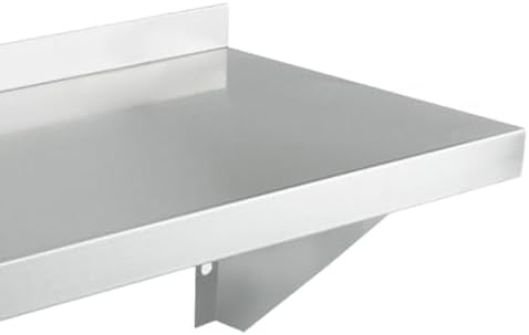 A close-up of a sleek, modern stainless steel shelf with a smooth, reflective surface and raised backsplash. This NSF wall mount storage shelf is supported by an angled metal bracket underneath, offering both style and functionality.