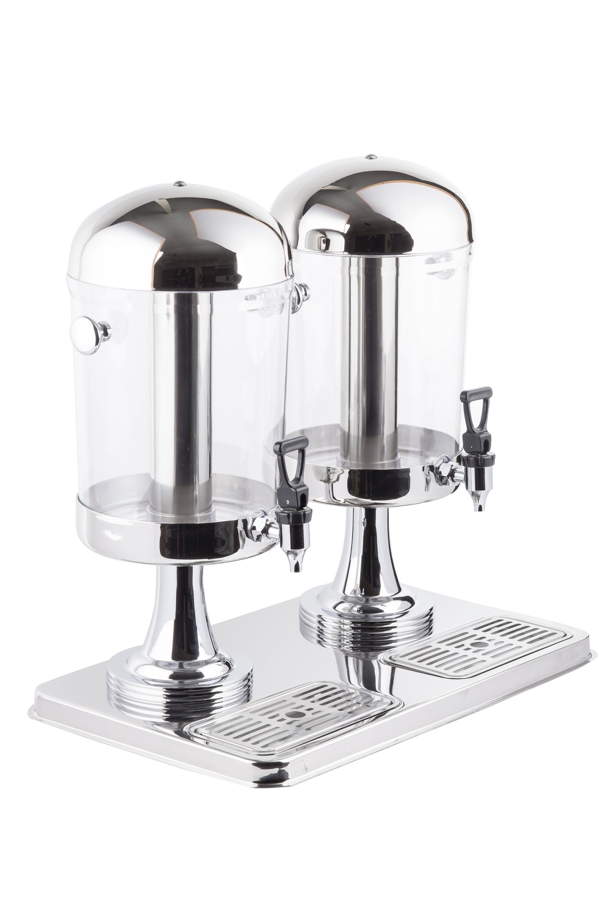 Two shiny stainless steel and clear plastic beverage dispensers stand side by side on a shared silver base with drip trays. Each beverage dispenser has a spigot and domed lid, perfect for serving cold drinks at events. The background is white.