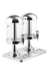 Two shiny stainless steel and clear plastic beverage dispensers stand side by side on a shared silver base with drip trays. Each beverage dispenser has a spigot and domed lid, perfect for serving cold drinks at events. The background is white.