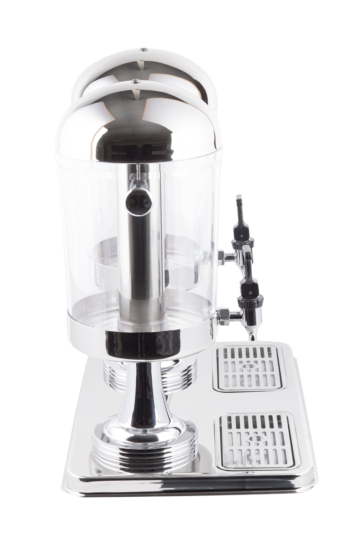 A stainless steel beverage dispenser with dual spigots sits on a matching drip tray. Featuring a domed lid and clear glass body, this dispenser is ideal for self-serve juice or water stations and is dishwasher safe for easy cleaning.