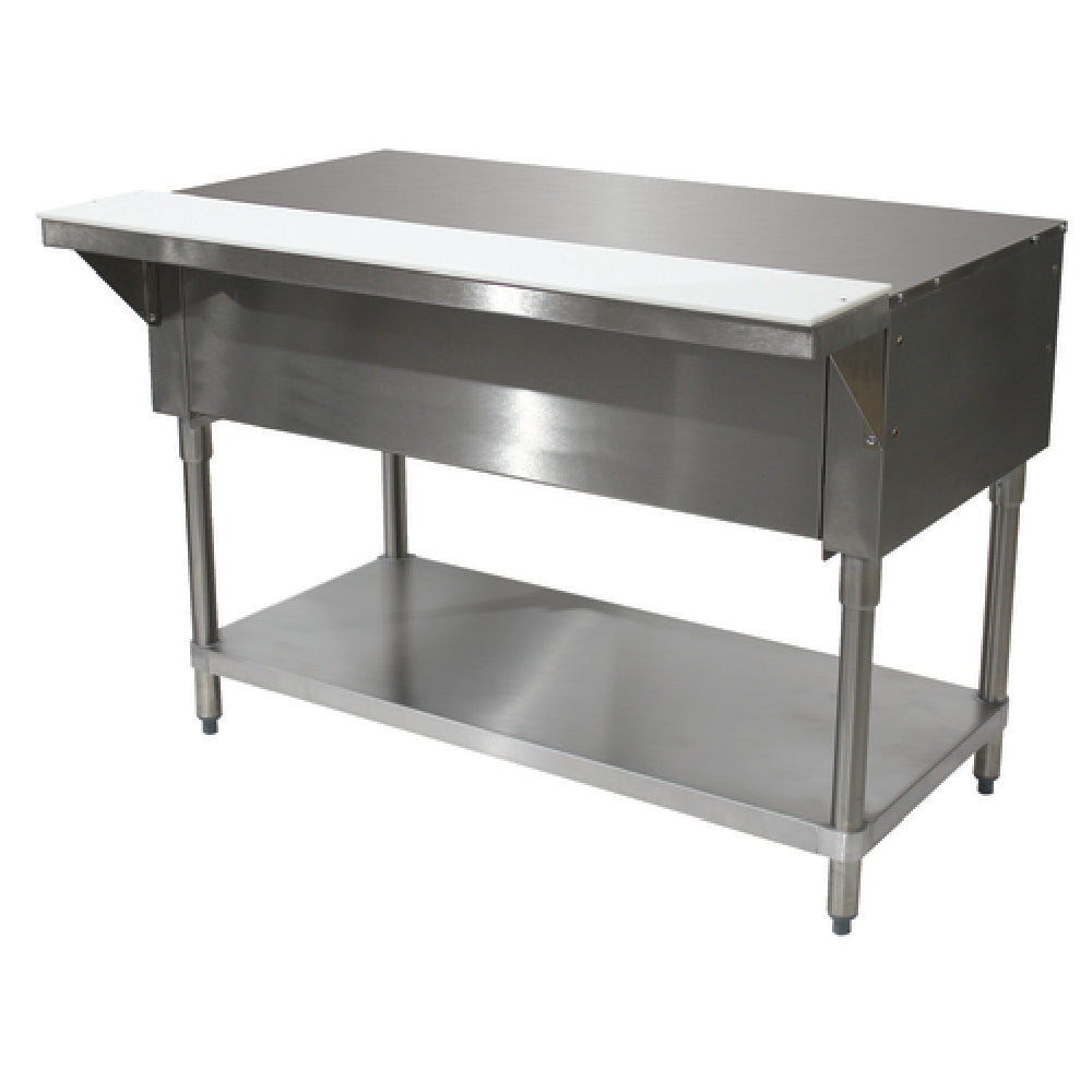 Advance Tabco STU-2 Solid Top Table 31-13/16"W X 30-5/8"D X 34-3/8"H 20 Gauge 302 Stainless Steel Top With 8"D X 3/8" Thick Poly Cutting Board