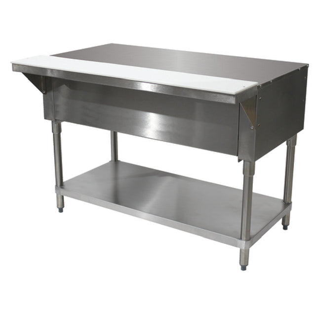 Advance Tabco STU-4 Solid Top Table 62-7/16"W X 30-5/8"D X 34-3/8"H 20 Gauge 302 Stainless Steel Top With 8"D X 3/8" Thick Poly Cutting Board