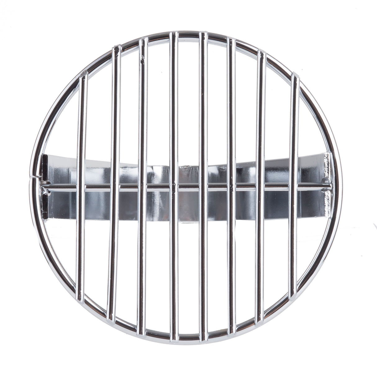 A round, shiny chrome plated grill grate with parallel bars sits above a reflective silver base. The view from above highlights the evenly spaced vertical bars and the geometric, clean design against a white background. Dishwasher safe for easy cleaning.