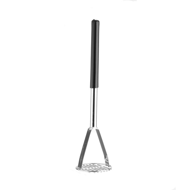 A chrome plated potato masher with a long black handle and a flat, perforated mashing plate stands upright on a white background. This potato masher is also dishwasher safe for easy cleaning.