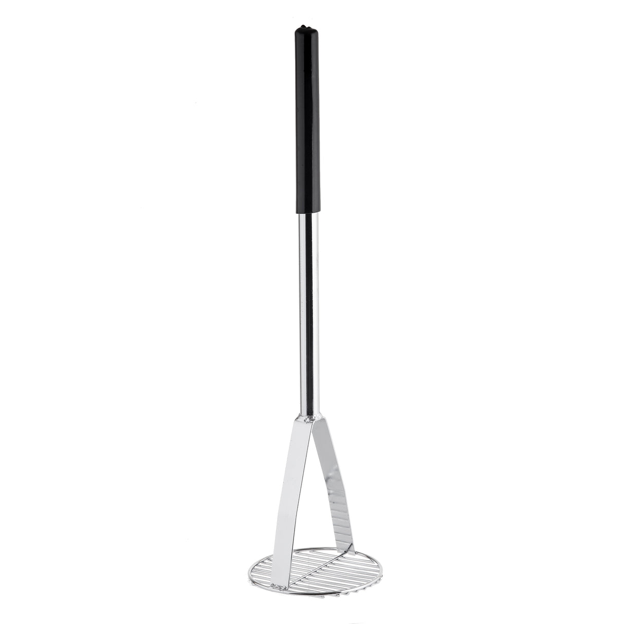 A chrome plated potato masher with a long, black texture handle and a flat, zigzag wire mashing plate at the bottom, standing upright against a white background.