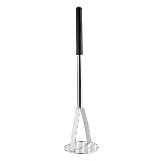 A chrome plated potato masher with a long, black texture handle and a flat, zigzag wire mashing plate at the bottom, standing upright against a white background.