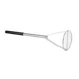 A chrome plated potato masher with a round, slotted mashing plate and a long black texture handle for grip. The handle extends straight to the wire grid head, perfect for mashing potatoes or other soft foods.