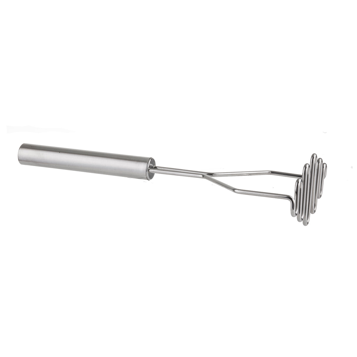 A TableCraft potato masher with a stainless steel handle and a wavy mashing plate is photographed on a plain white background, positioned diagonally with the handle on the left and mashing end on the right.