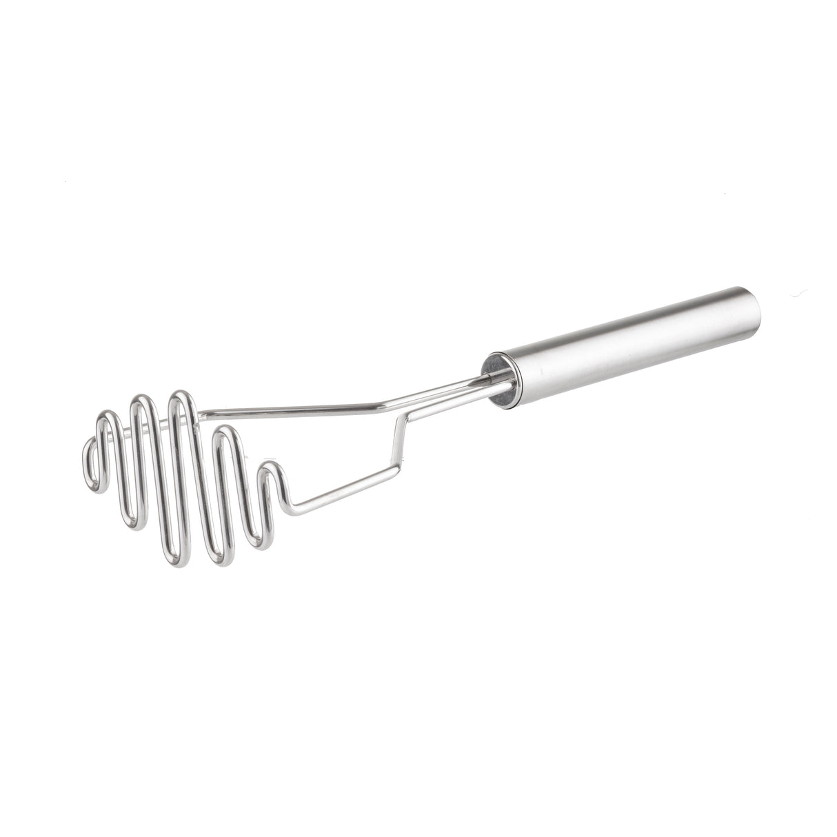 A TableCraft potato masher with a stainless steel handle features a smooth, tubular grip and a zigzagged, serpentine mashing plate. The utensil’s modern design is highlighted against a clean white background.
