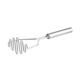 A TableCraft potato masher with a stainless steel handle features a smooth, tubular grip and a zigzagged, serpentine mashing plate. The utensil’s modern design is highlighted against a clean white background.