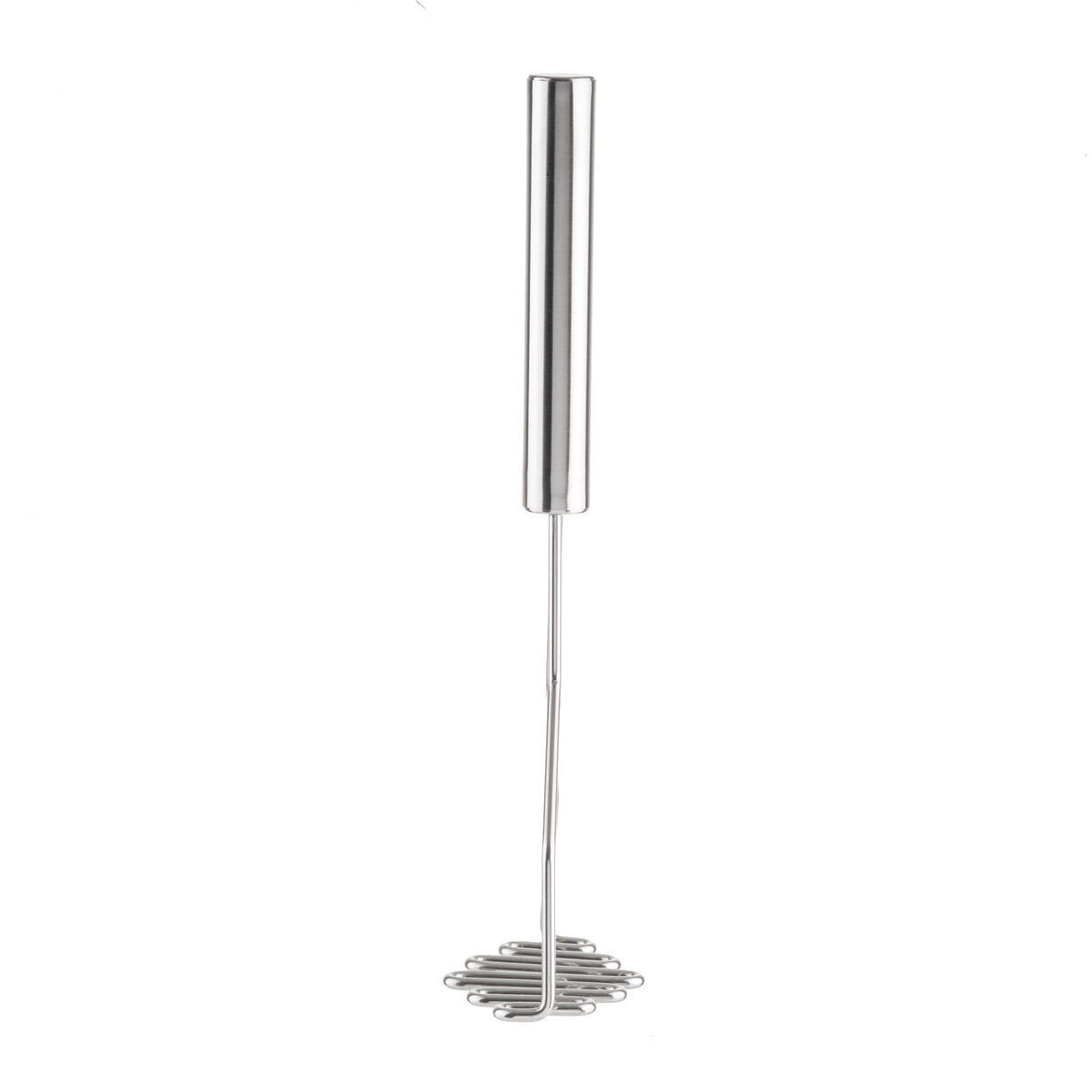 The TableCraft potato masher features a sleek stainless steel handle and a flat, zigzag mashing plate, standing upright on a white background. Its modern design boasts smooth surfaces and clean lines for efficient mashing.