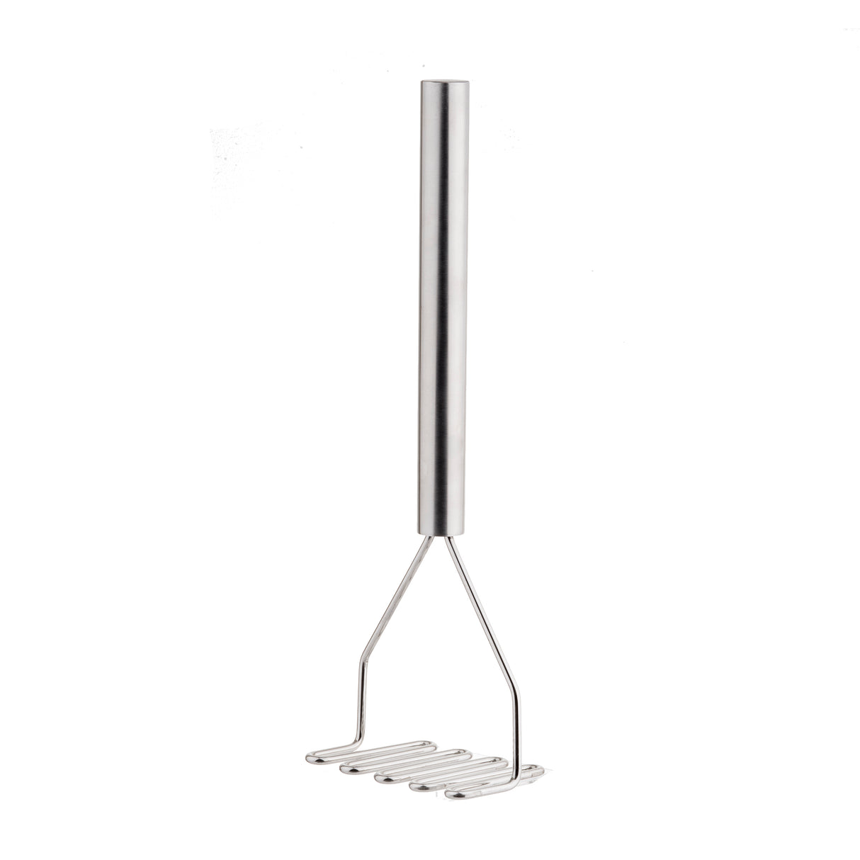 The TableCraft stainless steel potato masher features a cylindrical handle and zigzag-shaped mashing plate, standing upright against a white background. Its simple, modern design boasts clean lines and a polished finish.