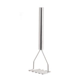 The TableCraft stainless steel potato masher features a cylindrical handle and zigzag-shaped mashing plate, standing upright against a white background. Its simple, modern design boasts clean lines and a polished finish.