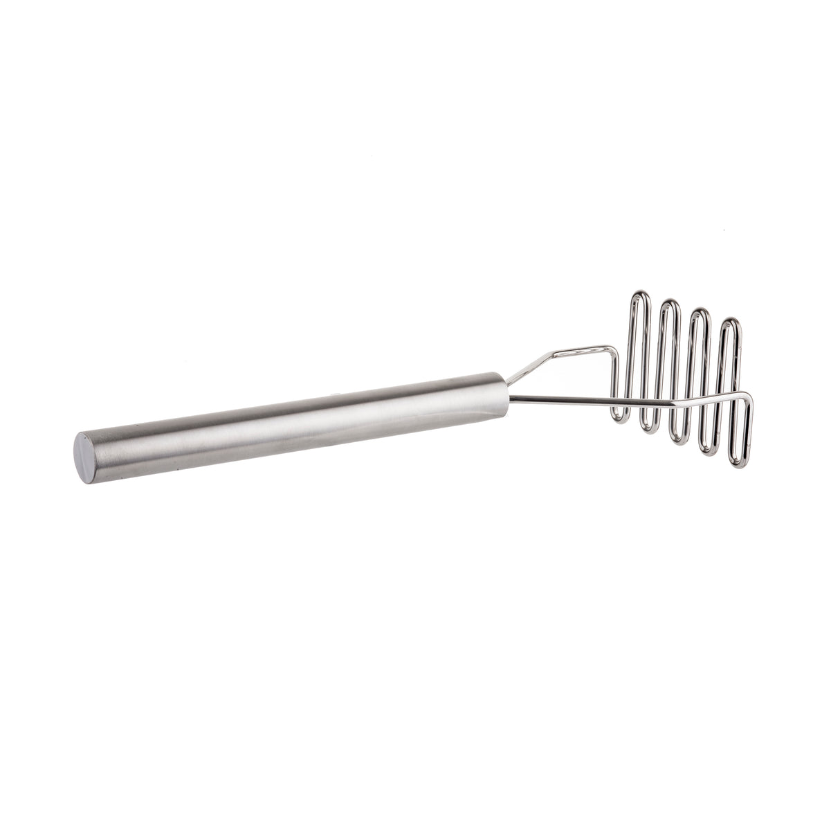 A sleek, modern TableCraft potato masher featuring a cylindrical stainless steel handle and a flat, zigzag mashing plate. Its smooth metallic surfaces and clean lines stand out against the white background.