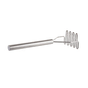 A sleek, modern TableCraft potato masher featuring a cylindrical stainless steel handle and a flat, zigzag mashing plate. Its smooth metallic surfaces and clean lines stand out against the white background.